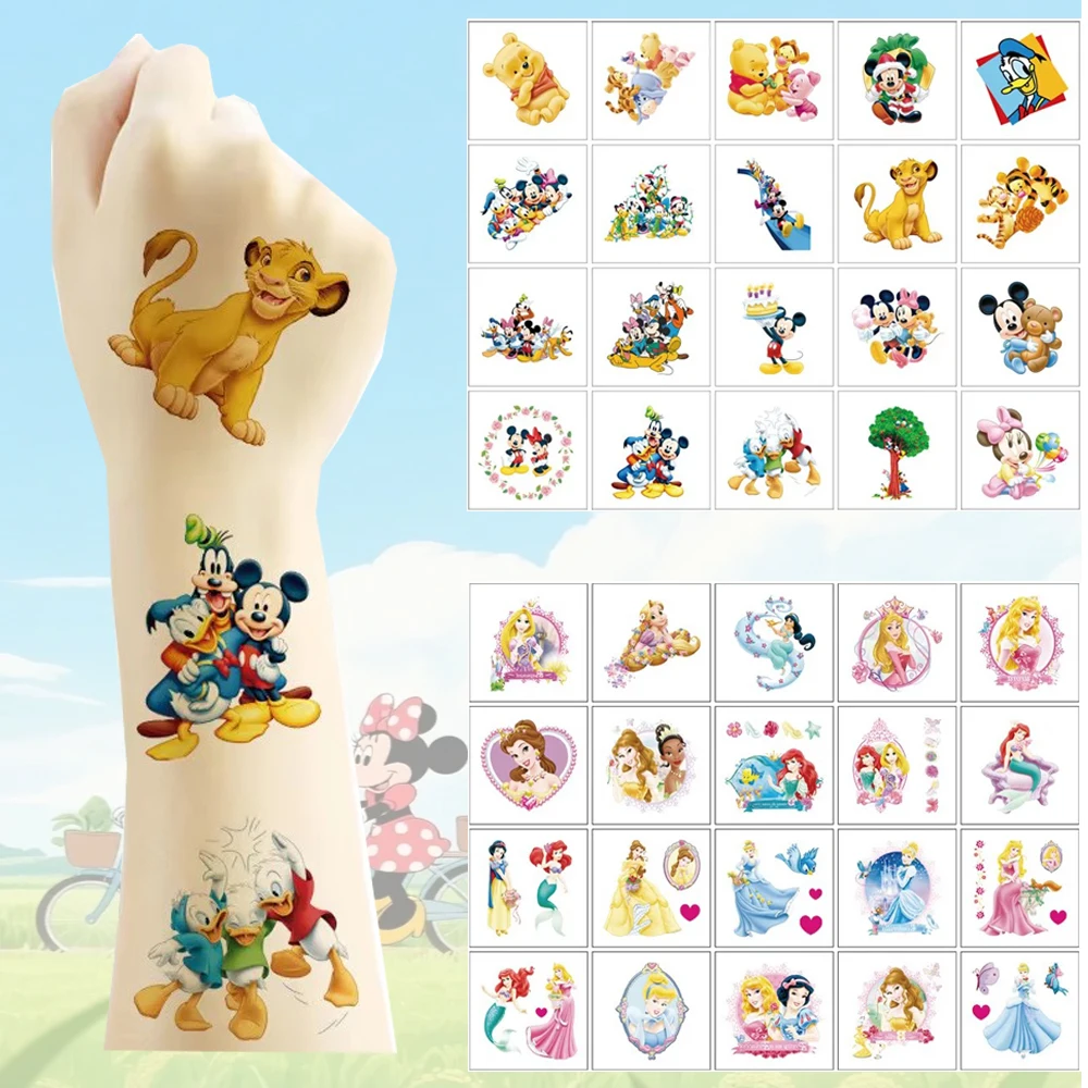 20 piezas/juego de nuevas pegatinas de tatuajes de Disney, Mickey, Princesas, Stitch y Frozen, tatuajes de dibujos animados para regalo, tatuajes corporales falsos.