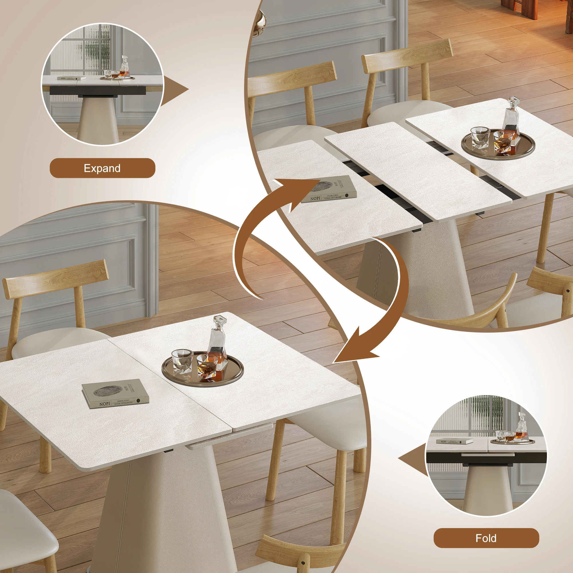 Modern 7-Piece Expandable Table With 6 Wooden Leg Chairs & Leather-Wrapped Base