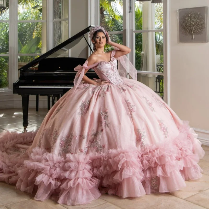 

Light Pink Quinceanera Dress off-shoulder Glitter Crystal Decal lace Ruffle Long tail vestidos de 15 Quinceanera ﻿Customize