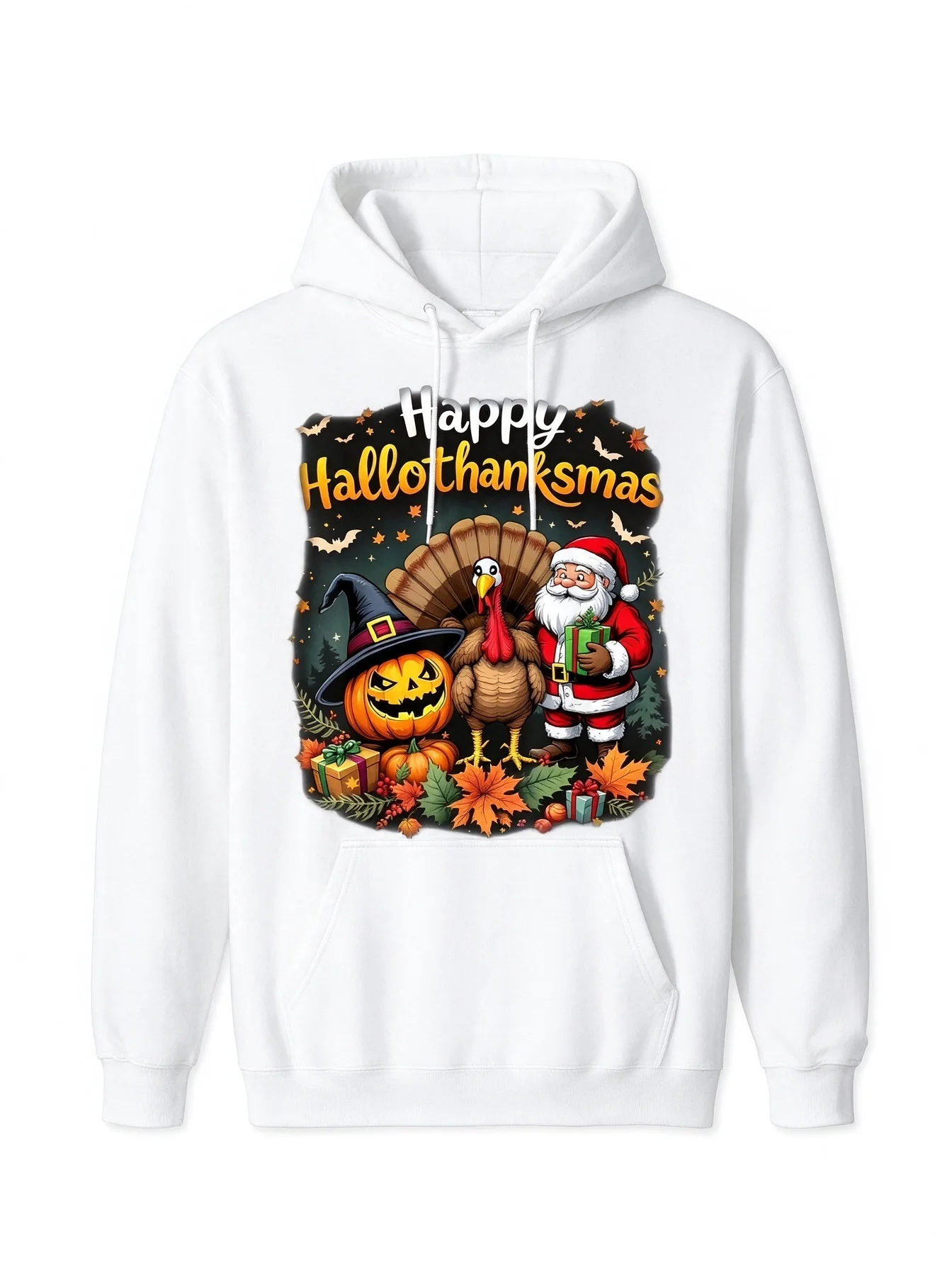 2026 Happy Hallothanksmas Pumpkin Turkey Santa Print Oversized Hoodie and Crewneck Sweatshirt, Holiday Season Graphic