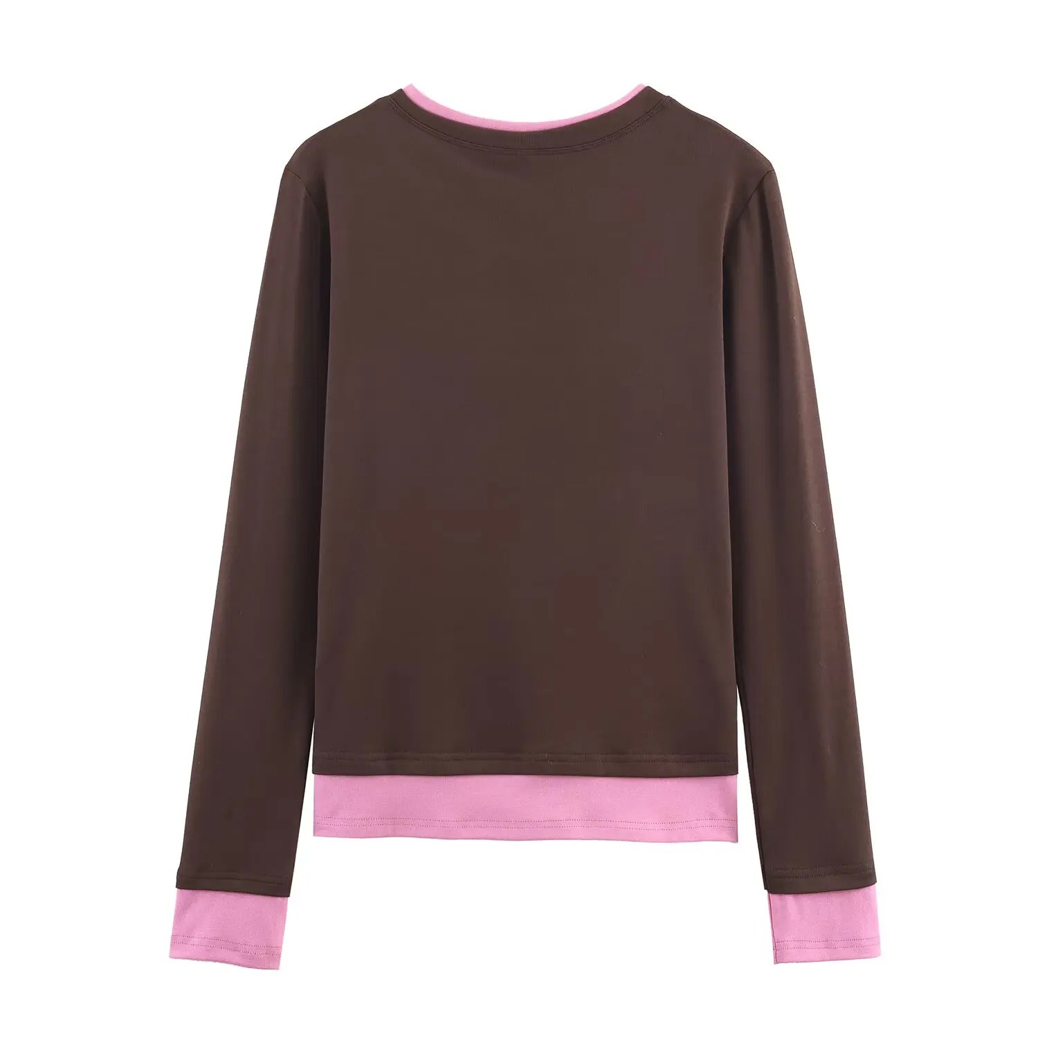 Lässiges Long Sve Round Ne Overhead T-Shirt Double Layer Color Blo Damen Faion European Sle Baumwoll-Polyester-Mischung