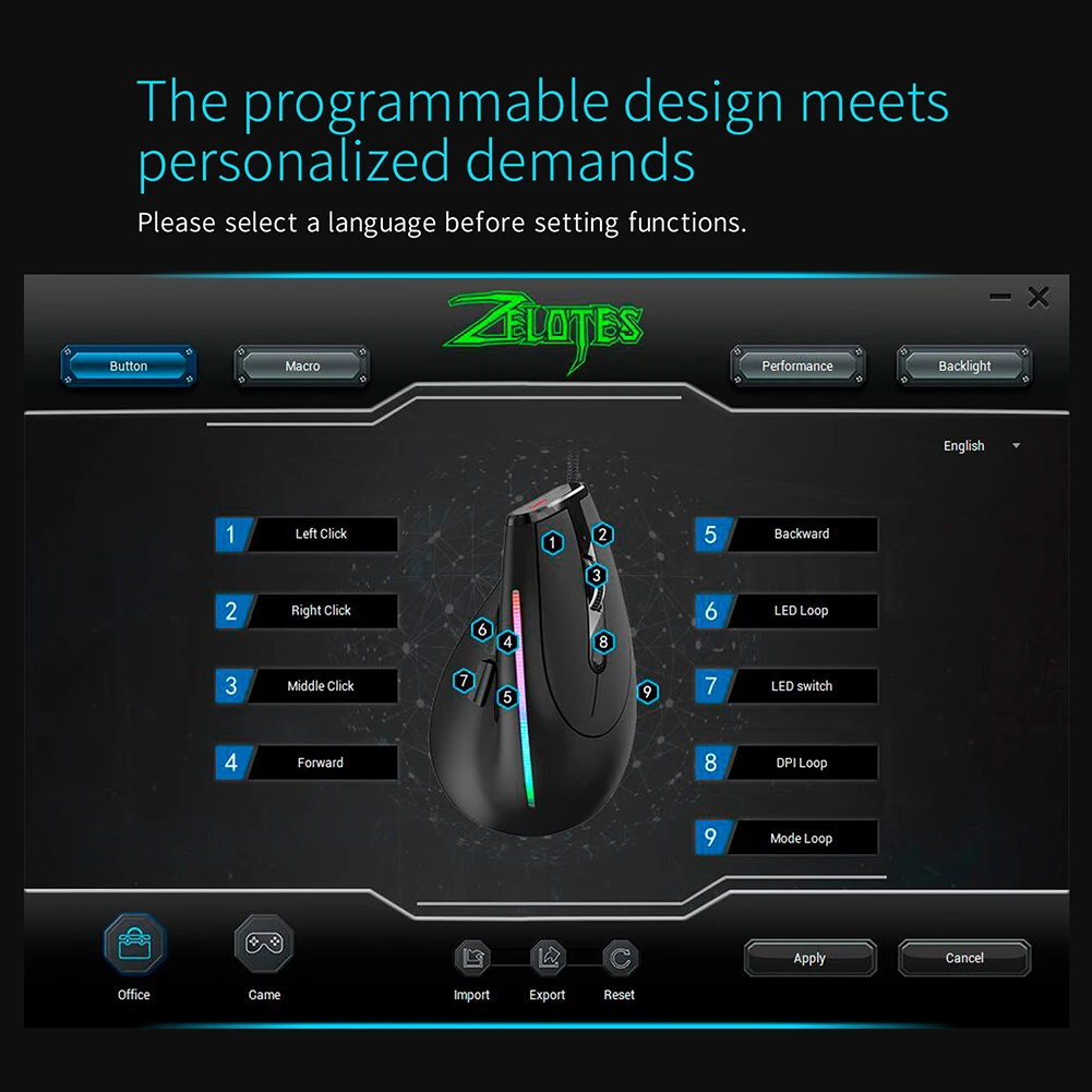 ZELOTES T-50 USB Wired Vertical Optical Mouse 9 Buttons Gaming USB Wired Mice 12800 DPI Adjustable for PC Computer Accessories