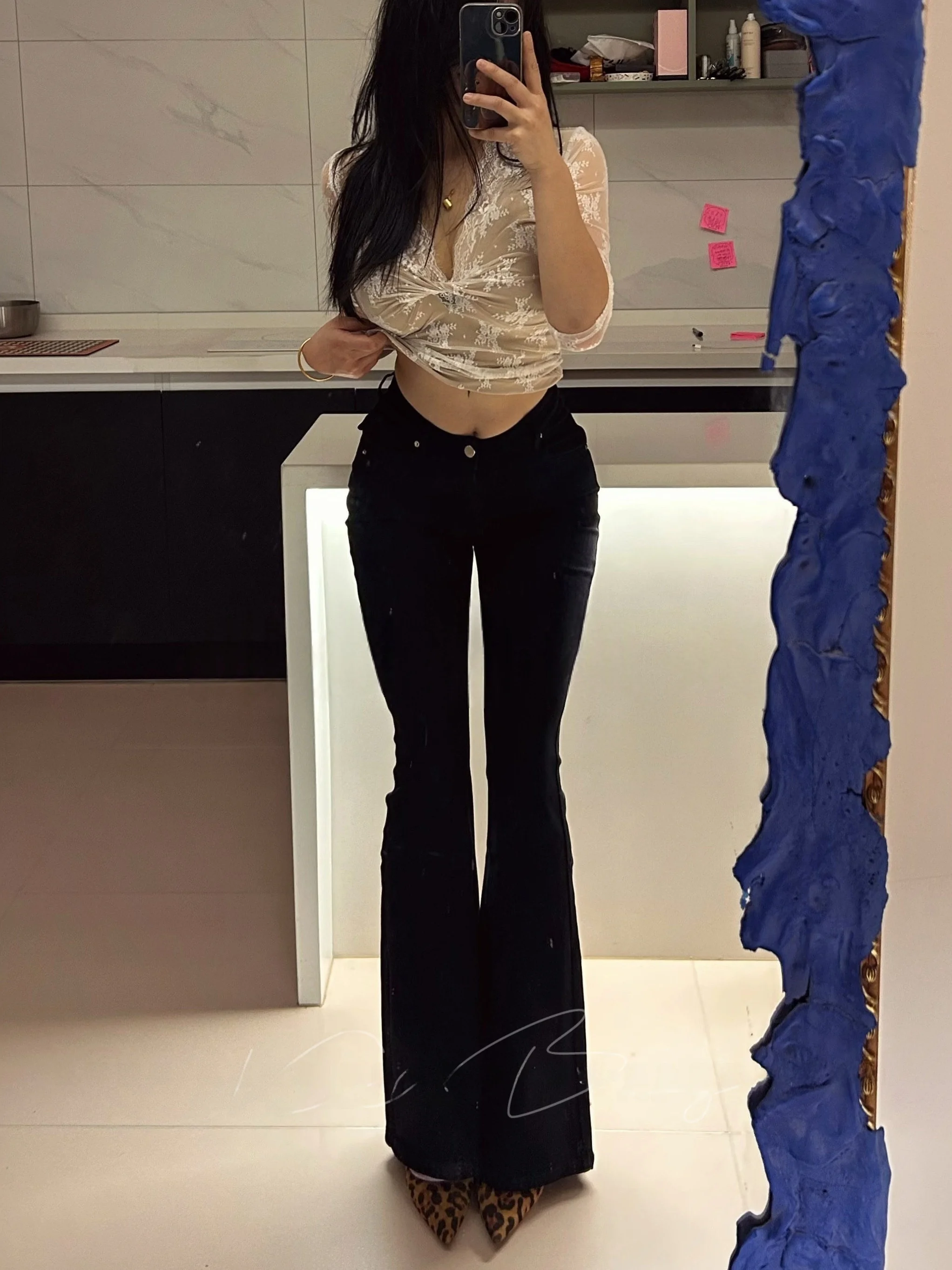

High Elastici Cotton Denim Pants V-Waist Pure Bla Bootcut Pants Butt Lifting Slimming Women's Winter Season Jeans