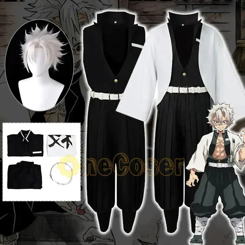 Disfraz de Shinazugawa, disfraz de Anime Demon Slayer, peluca Sanemi, Swordsmith Village Arc Kimetsu no Yaiba, uniforme Hashira negro