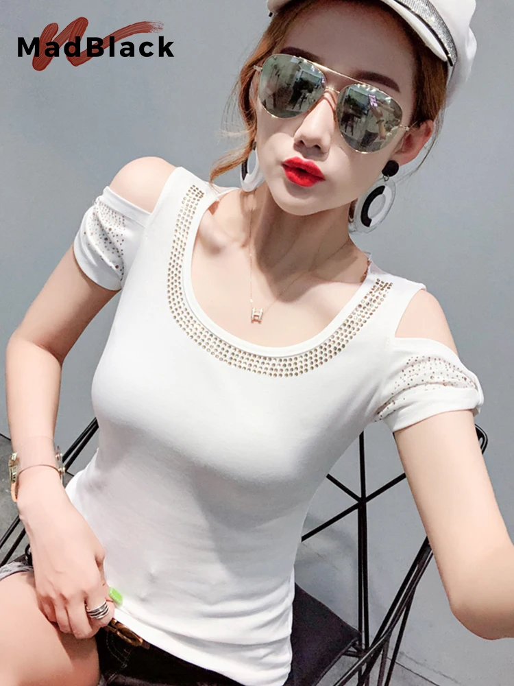 MadBlack Summer European Clothes Knit T-Shirt Sexy Glitter Luxury Rivets Women Slim Tops Short Sleeve Tees 2023 T33011X