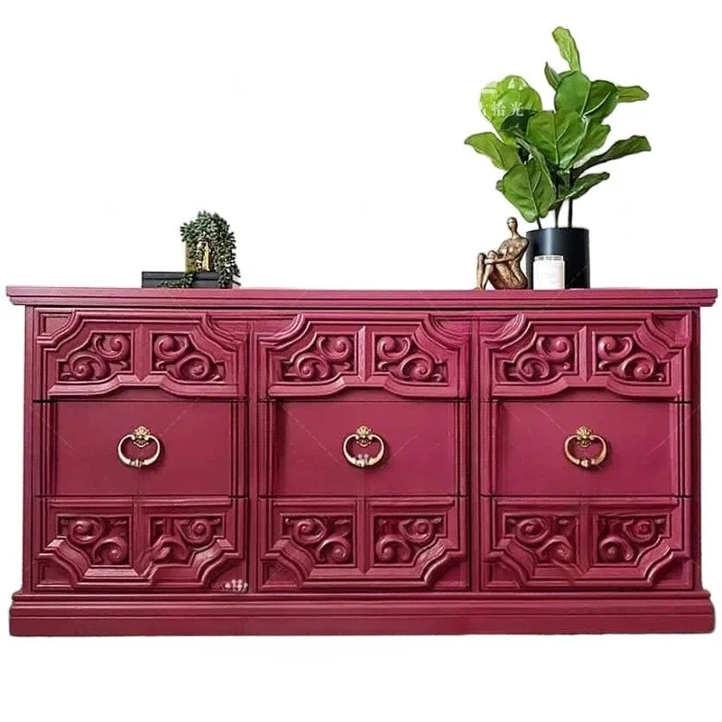 

French retro solid wood carving flower entrance cabinet American retro red decorative cabinet locker storage cabinet