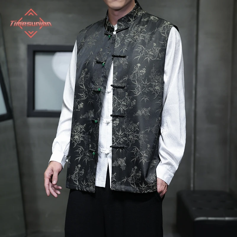 

Chinese Traditional Hanfu Jacquard Vest Men Sleeveless Jacket Mens Tang Suit Cardigan Male Warm Waistcoat