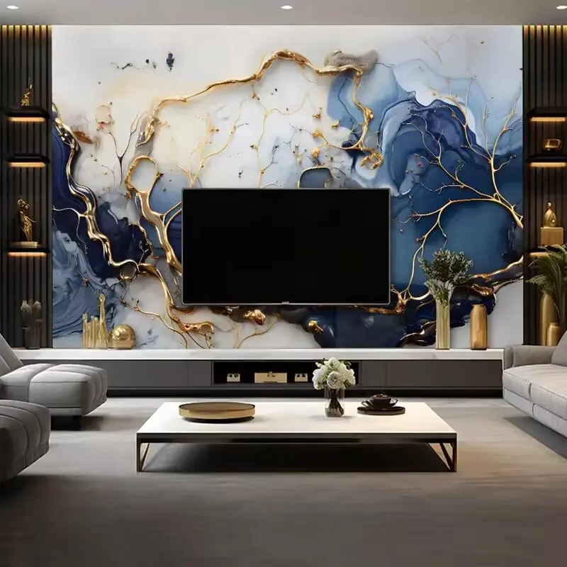 Custom Large Size 3D Wallpaper Modern Mable Golden Blue Wall Paper for Living Room TV Background Mural Canvas Home Decoration 3d