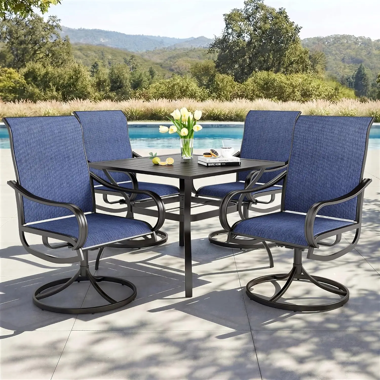 5-Piece Patio Dining Set For 4, Swivel Mesh Chairs, Blue, Customized