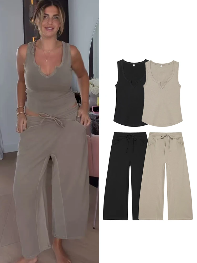Ensemble décontracté TFMLN pour femme : haut sans manches et pantalon droit ajusté avec lacets, couleur unie, style vintage, collection été 2026