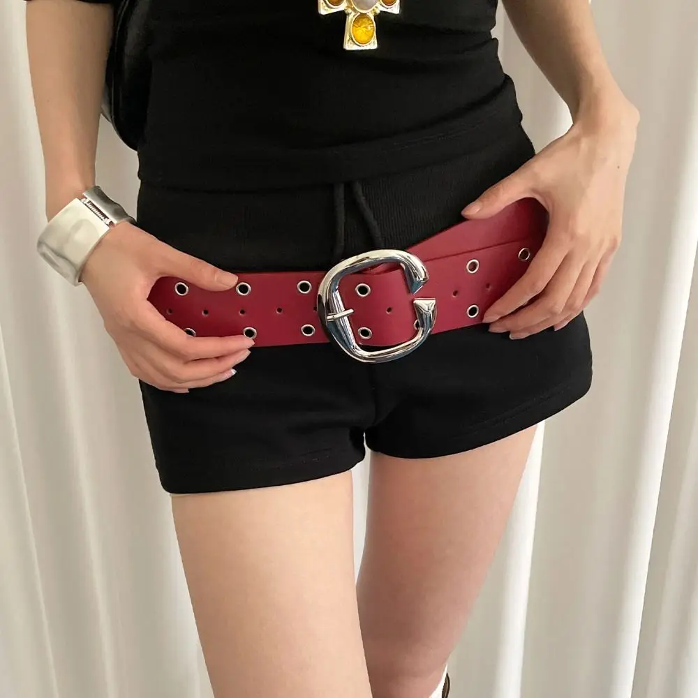 

Fashion Double-Row Hole Women Wide Belt Metal Buckle Vintage Leather Waistband All Match Jeans Girdle Punk Style Belt Women