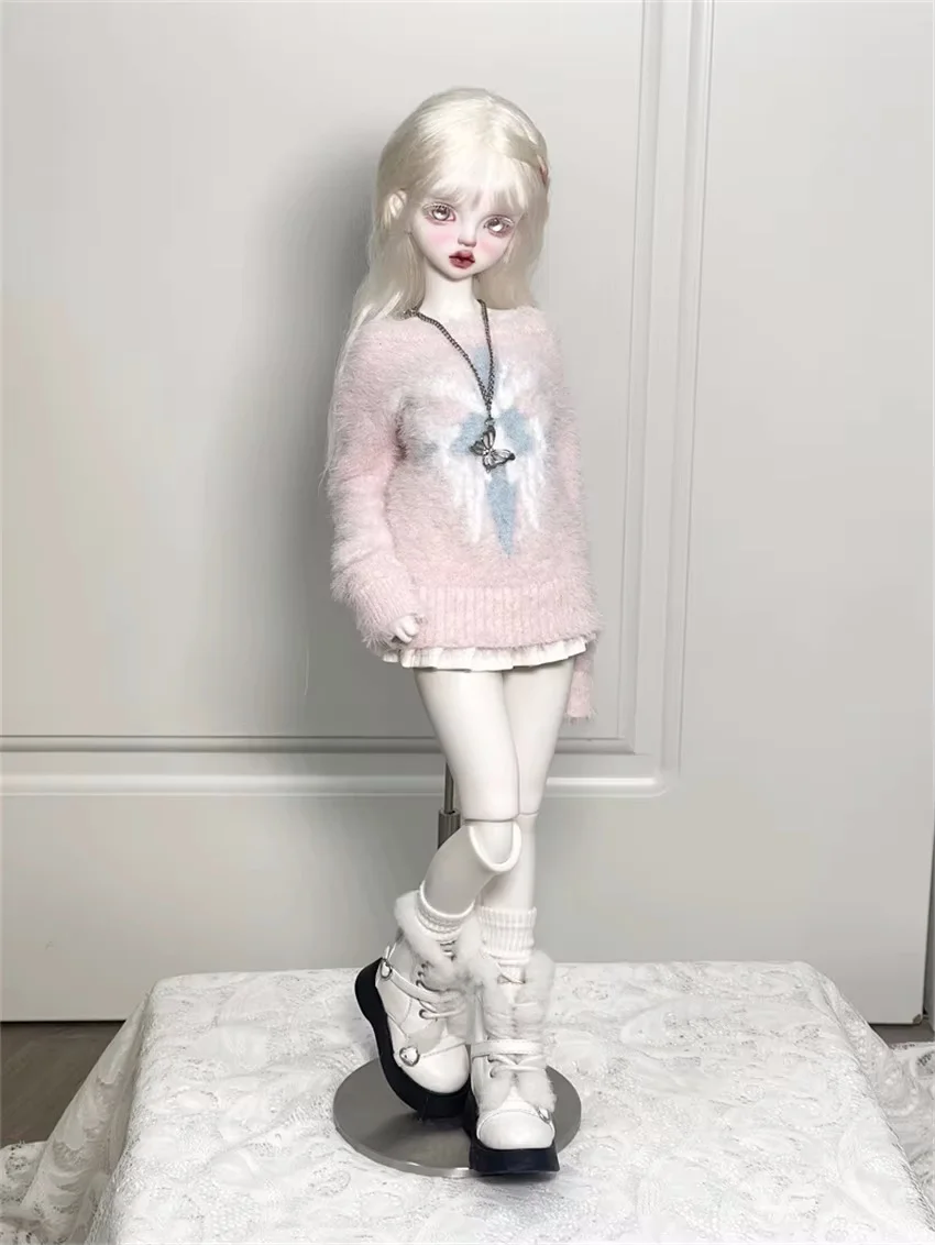 BJD دمية أحذية الفتيات أنيقة 1/4 جولة تو سميكة سوليد لينة حذاء من الجلد الهدايا منتصف العجل أبيض أسود حزام فروي إكسسوارات دمي #2