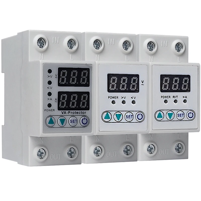 1Pcs 220V 63A 40A Digital Display Din Rail Adjustable Over Voltage Current and Under Voltage Protector Self-Recovery With Delay