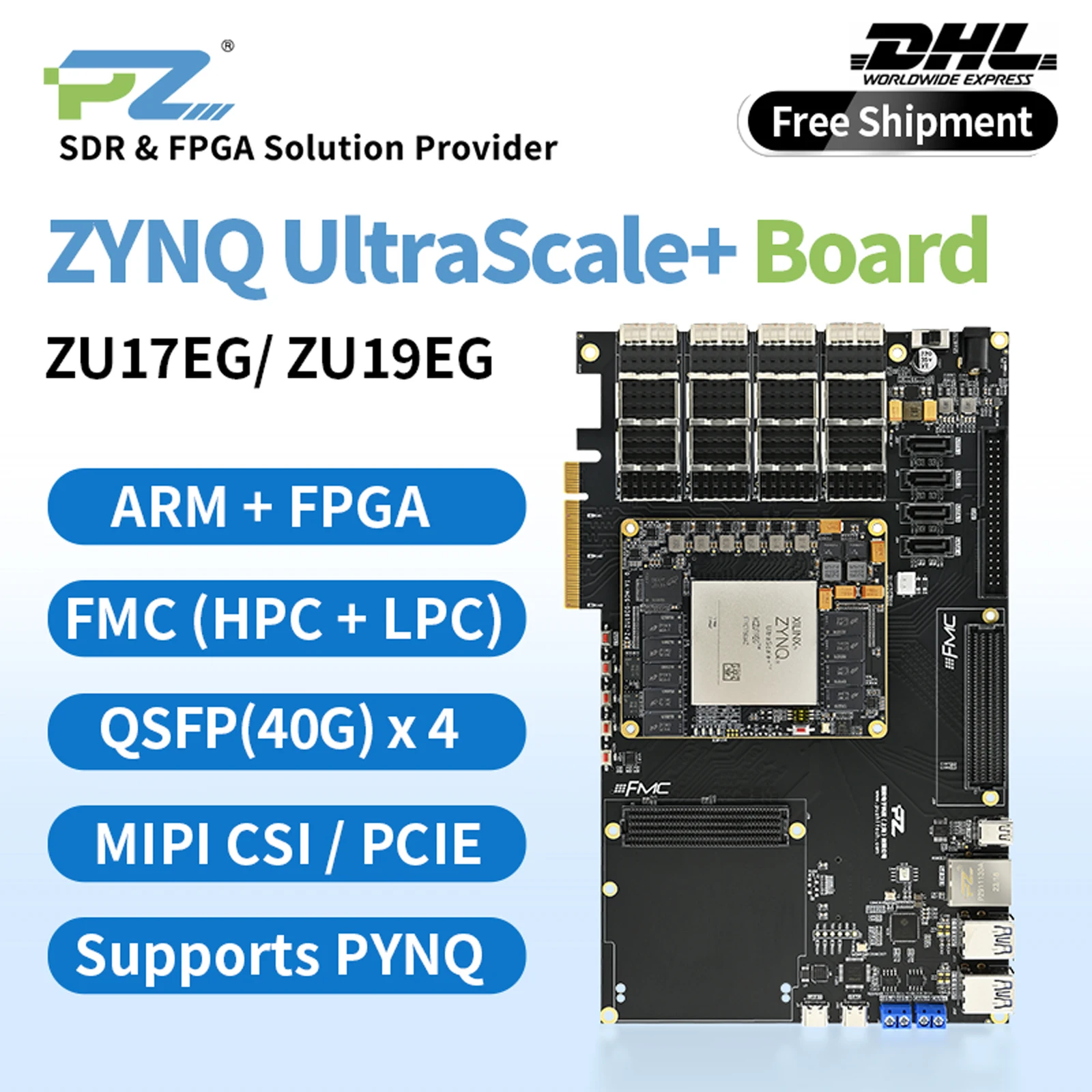 

Puzhi PZ-ZU19EG-KFB AMD SOM FPGA Development Board Xilinx Zynq UltraScale+ MPSOC ZU17EG 19EG 40G QSFP PCIE SFP Mini DP FMC HPC