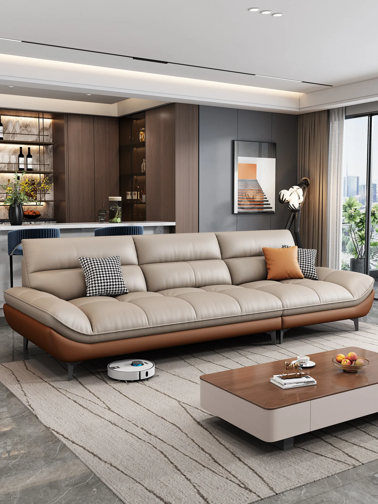 CX first-layer leather sofa Italian minimalist straight row small apartment light luxury high backrest sofa