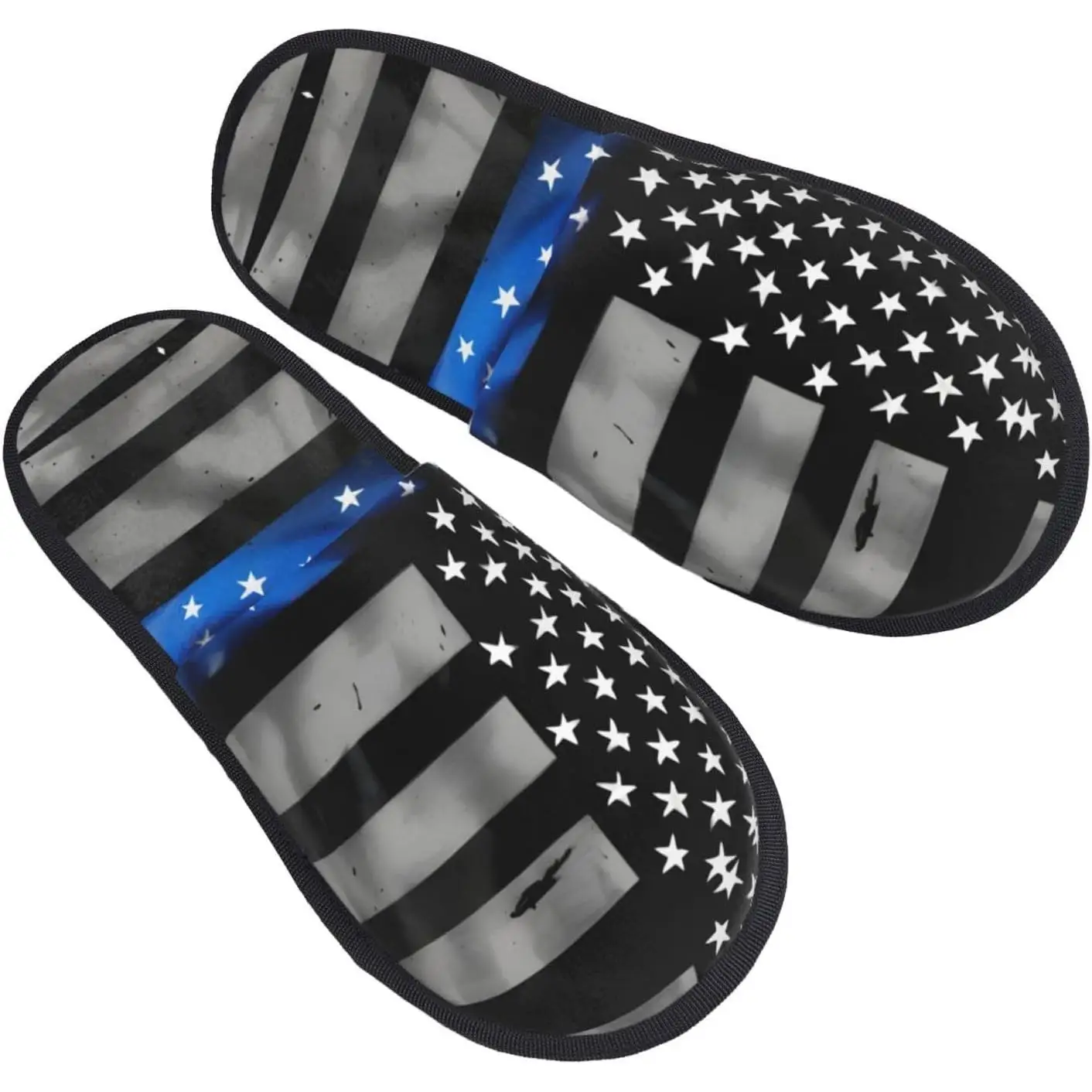 American Blue Line Flag printing Fall Winter Fuzzy Slippers Comfy House Shoes,Portable for Hotel Travel Gifts for Women and Men