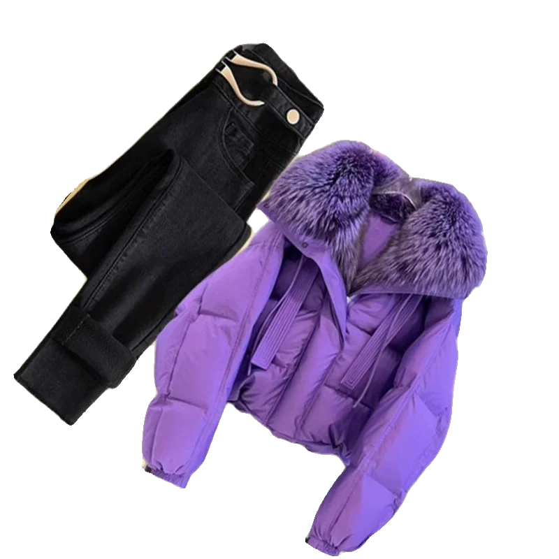 여성용 가을 겨울 데님 의상 테이니드 Fce 라인드 코튼 재킷과 캐주얼 팬츠 투피스 세트 퍼 칼라 포함