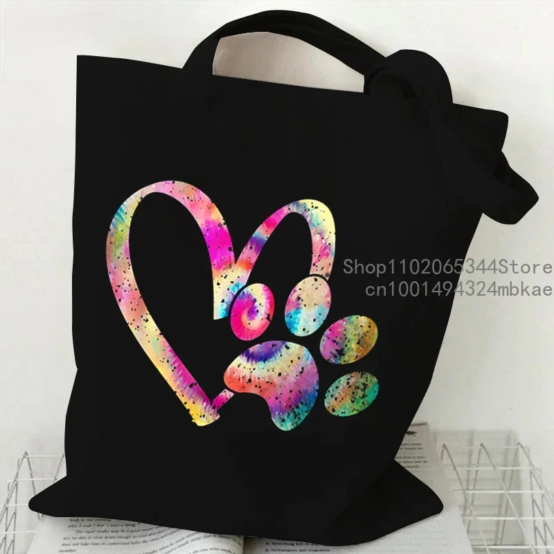 Borsa tote in tela con motivo a forma di zampa di cane, cuore colorato, moda donna, borse per la spesa Y2K, borsa a tracolla per studenti, amanti