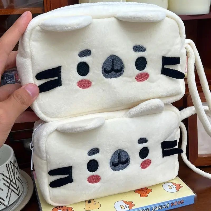 Cute Cat Plush Pencil Case Kawaii Animal Cosmetic Pouch Large Capacity Stationery Storage Bag for Students