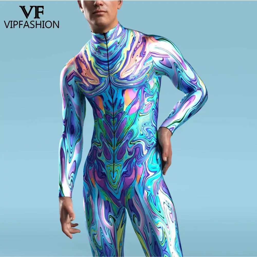 VIP FASHION Zentai Suit for Men Festival Catsuit Front Zipper Punk tuta stampa Robot Cosplay body Holiday Party Clothes