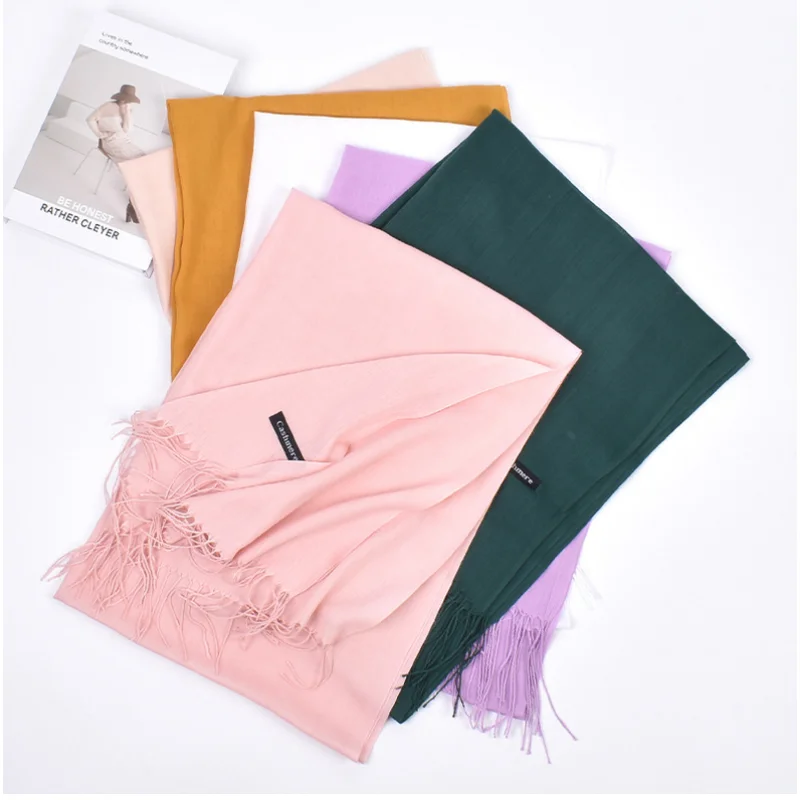 Fashion Cashmere Hijab Scarf For Women Winter Solid Shawls and Wraps Autumn Pashmina Scarfs Female Head Scarves For Ladies 2022