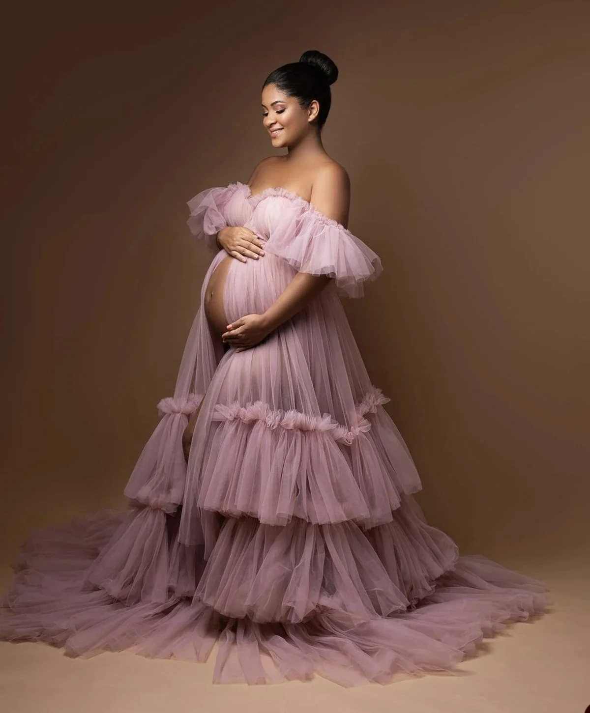 Sweet Ruffle Evening Dresses Women's Sweetheart Off Shoulder Pregnancy Bathgown Maternity Custom Made Tulle Robe for Photo Shoot