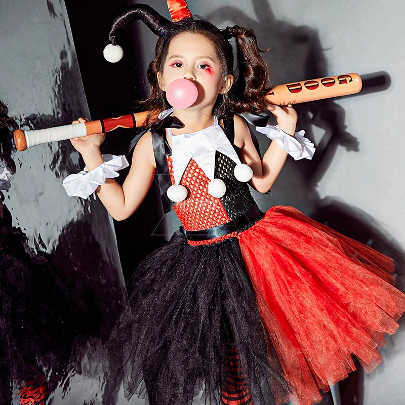 

Halloween Kids Red Black Costumes Circus Clown Party Girls Dress With Bow Blocks Lace For Girl Fancy Dress Up Clothes