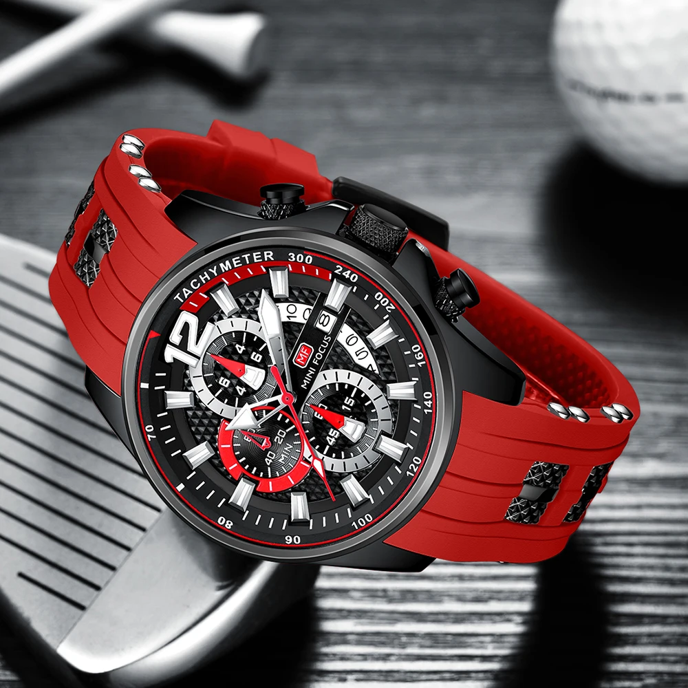 MINI FOCUS Fashion Waterproof Mens Watches Top Brand Luxury Chronograph Quartz Men Watch Red Silicone Strap Sports Wristwatches