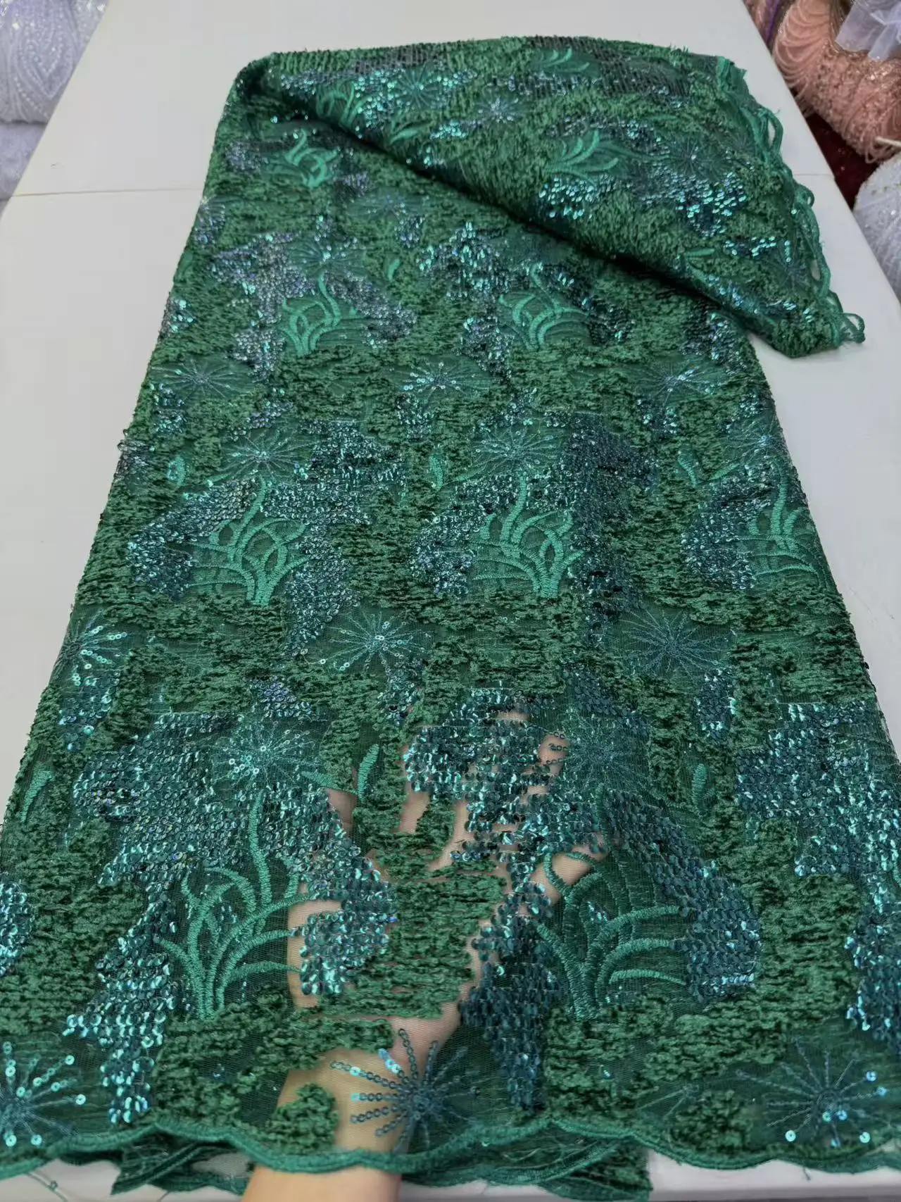 French Mesh With Sequence Luxury African Fabric High Quality Green Sequins Embroidered Lace Fabrics Wedding Dress Sewing