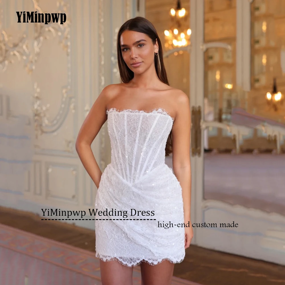 Sparkling Wedding Dress Straight Applique Strapless Lace Mini Bride Gowns Luxury Mini Engagement Dress Customized Above Knee