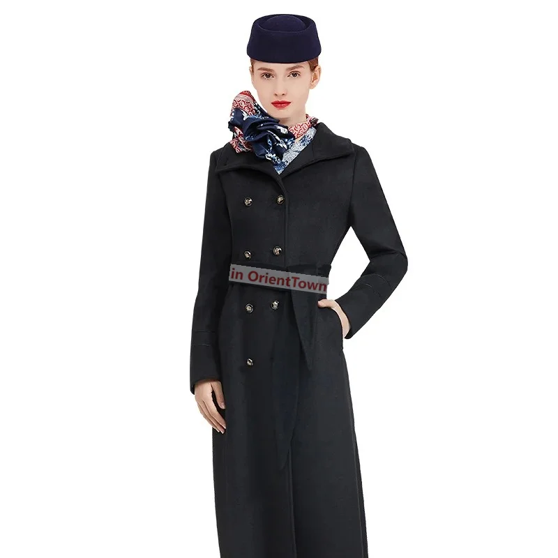 Airline Stewardess Uniform Professional Suit Autumn Winter Clothing Women Black Medium Length High Grade Slim Wool Coat Lady