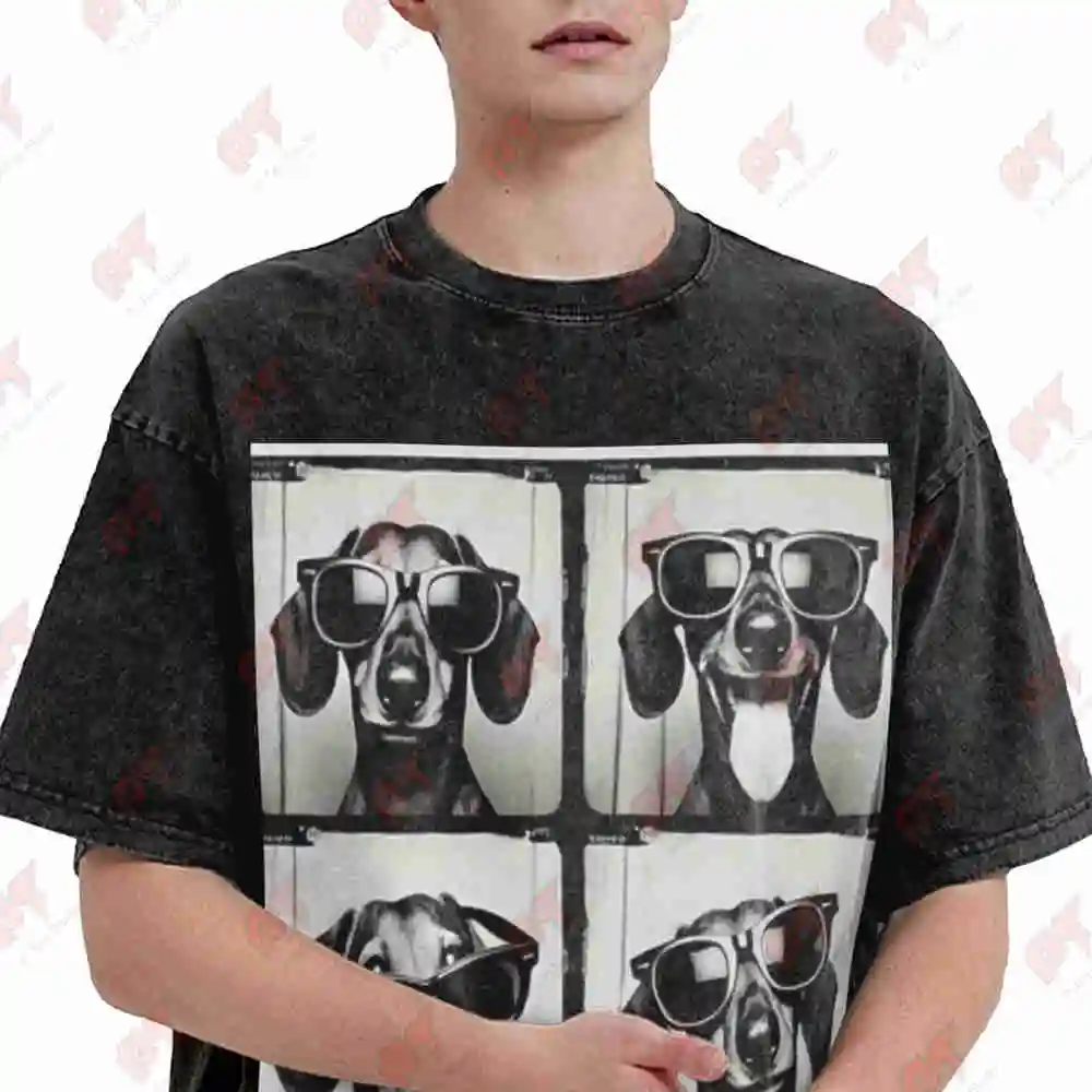 Dachshund Rocking Cool Sunglasses Vintage Washed Tee Pure Cotton T-Shirt