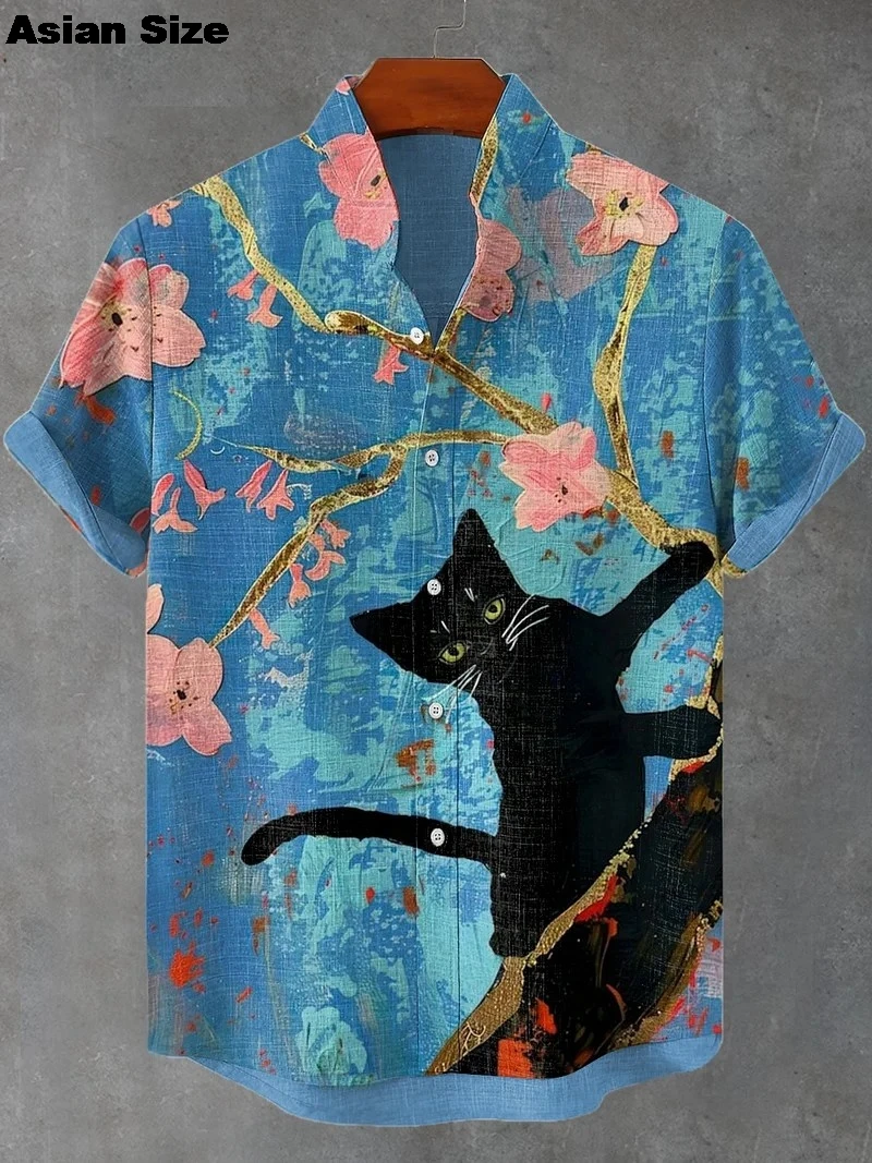 2025 Men's Cat Graphic Shirt Short Sleeve Klemph Type Funny Holiday Casual Hawaii Shirt Tops