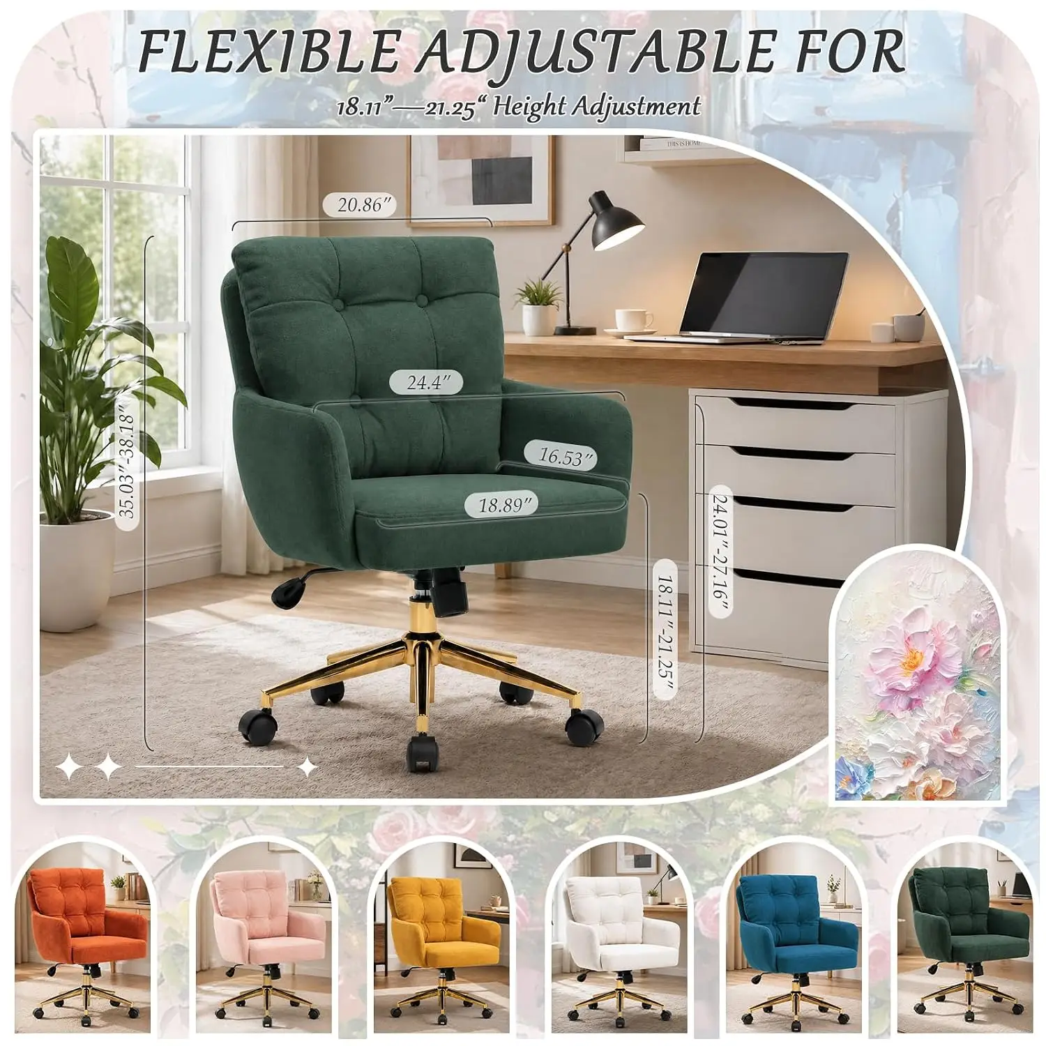 Modern Home Office Chair Velvet Desk Chair Accent Armchair Gold Legs