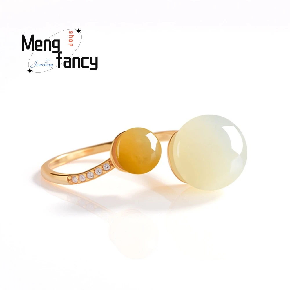 

Elegant Natural Hetian Jade White Jade Sugar Jade Round Bead Jade Ring S925 Silver-Set Women's Ring, Fashionable and Adjustable