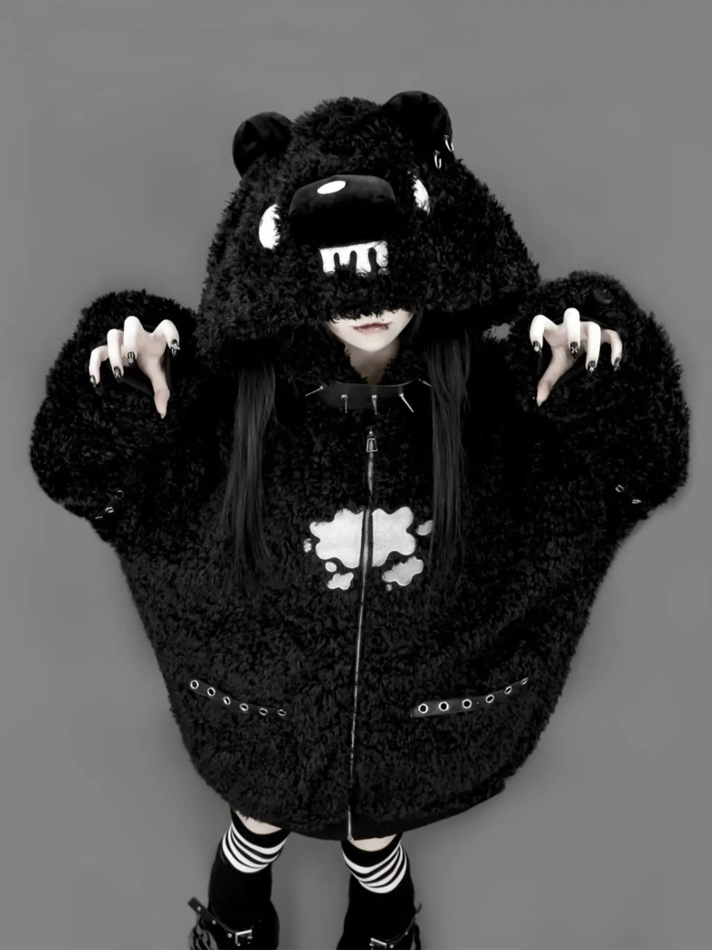 Women Y2K Gothic Fuzzy Zip Up Coat Bear Ear Hood Rivet Strap Oversized Loose Plush Winter Dark Streetwear Jacket Women