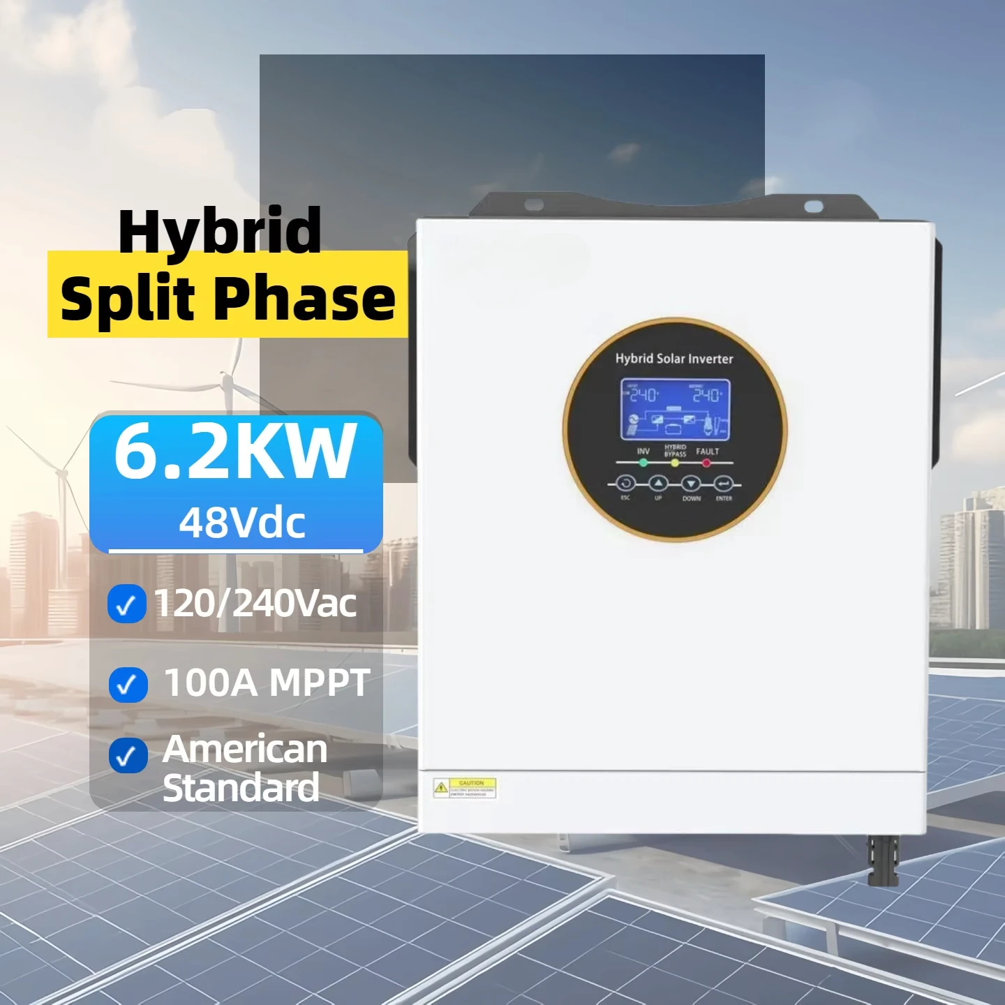 

6.2KW Split Phase Hybrid Solar Inverter 120VAC/240VAC 100A Mppt 48VDC Pure Sine Wave Wifi Factory Price American Standard RS485