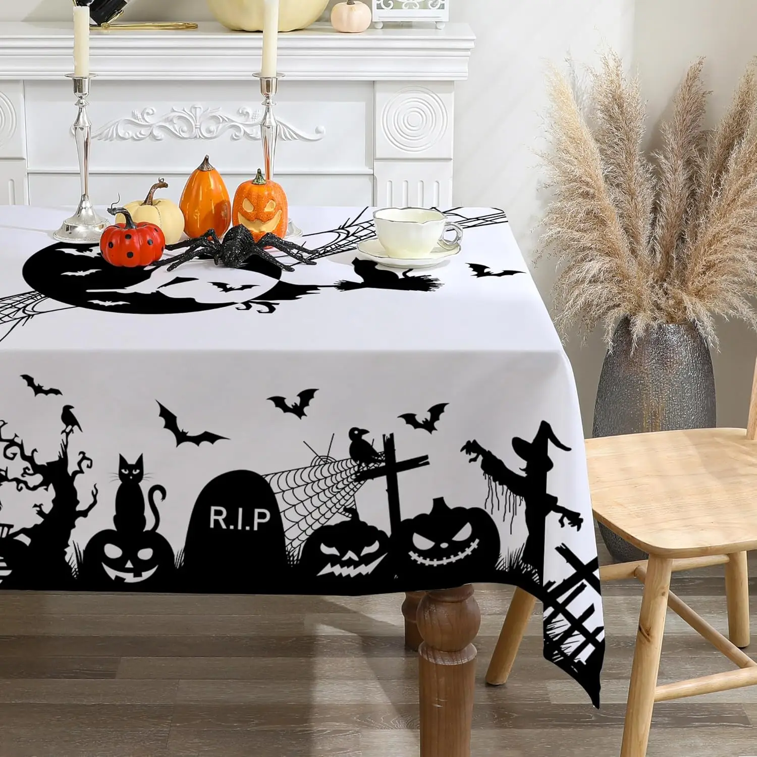 Halloween Witch Castle and Jacks Lantern Rectangle Tablecloth Dining Room Decor Waterproof Tablecloth Halloween Decorations