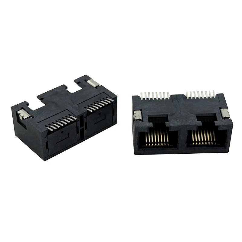 RJ45 interface network socket 90-degree horizontal surface-mounted double-cell 1x2 integrated 8P8C network port SMT full coverag