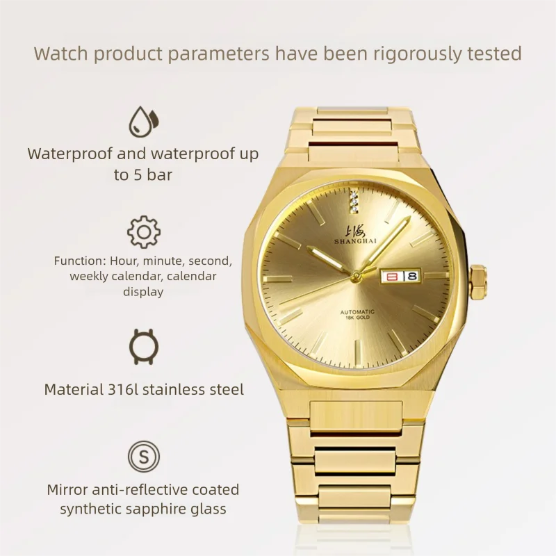 Orologio da uomo Shanghai Jungfrau Orologio meccanico automatico con tre diamanti Orologio tutto in oro Orologio con zaffiro 23-8205-GDGD