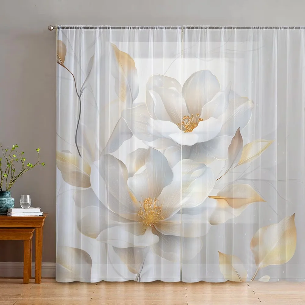 2PCS Digital Printed Sheer Curtain, Two White Flowers Print, Minimalist Elegant Floral for Living Room Bedroom Home Decor