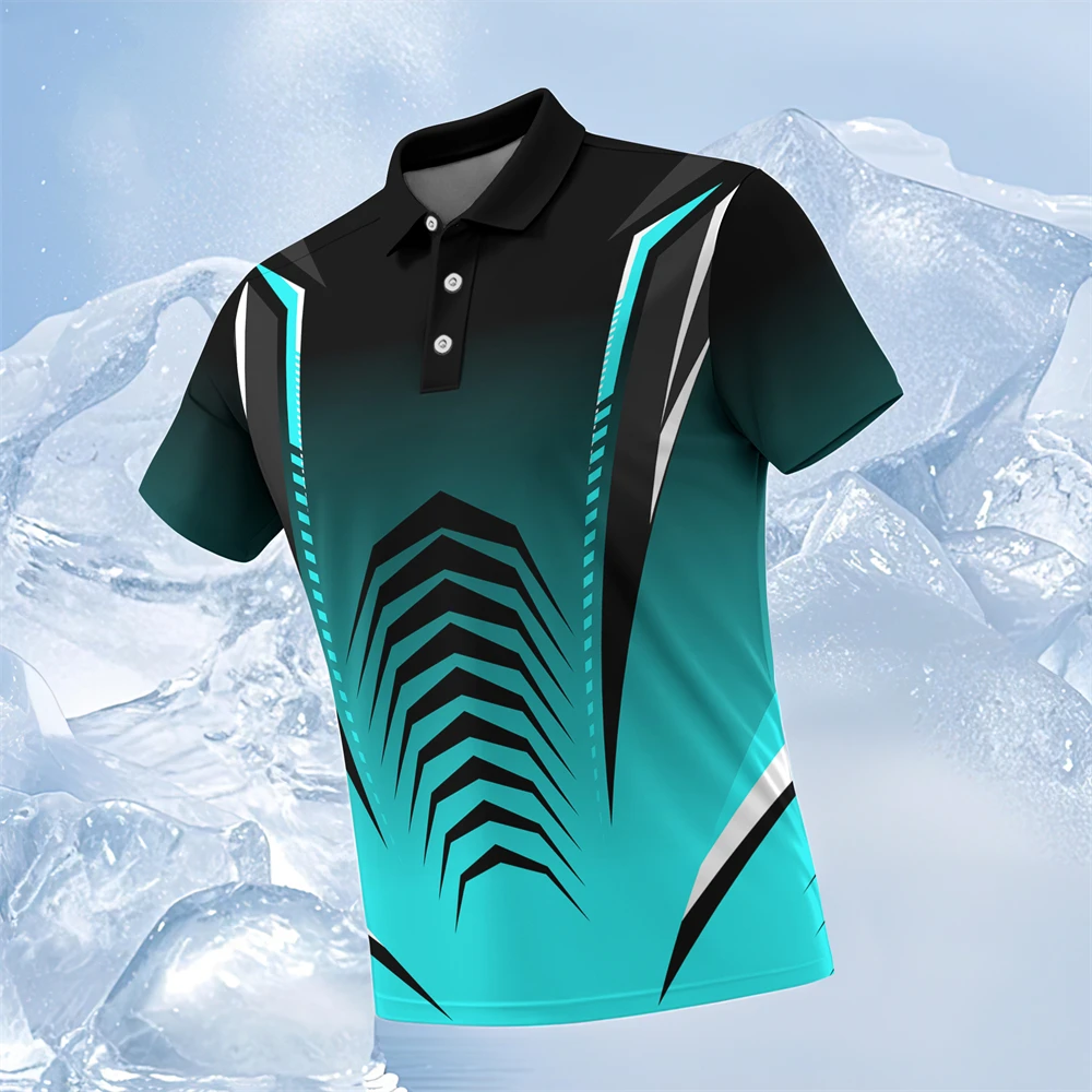 Geometric Lines Gradient Stripes Men's Polo Shirts Outdoor Casual Sport Golf Polo Shirts Button Short Sleeve Street Men Clothing