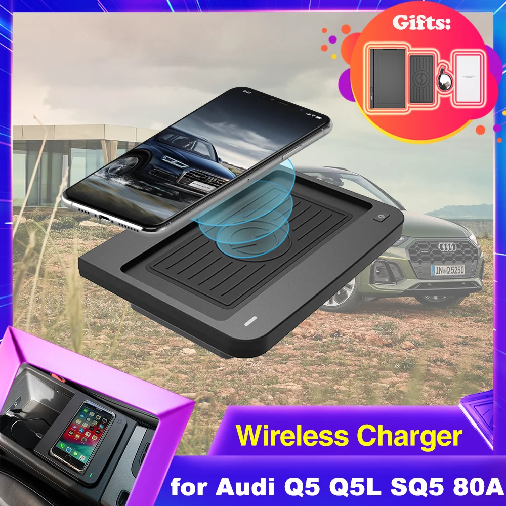 Car Wireles Charging for Audi Q5 Q5L SQ5 80A 2018~2022 2019 2020 2021 Armrest Box Phone Fast Charger Plate Panel Station iPhone