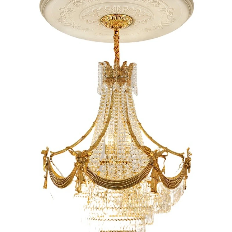 

French living room crystal chandelier, European-style villa hotel lobby restaurant all copper lighting, retro crystal