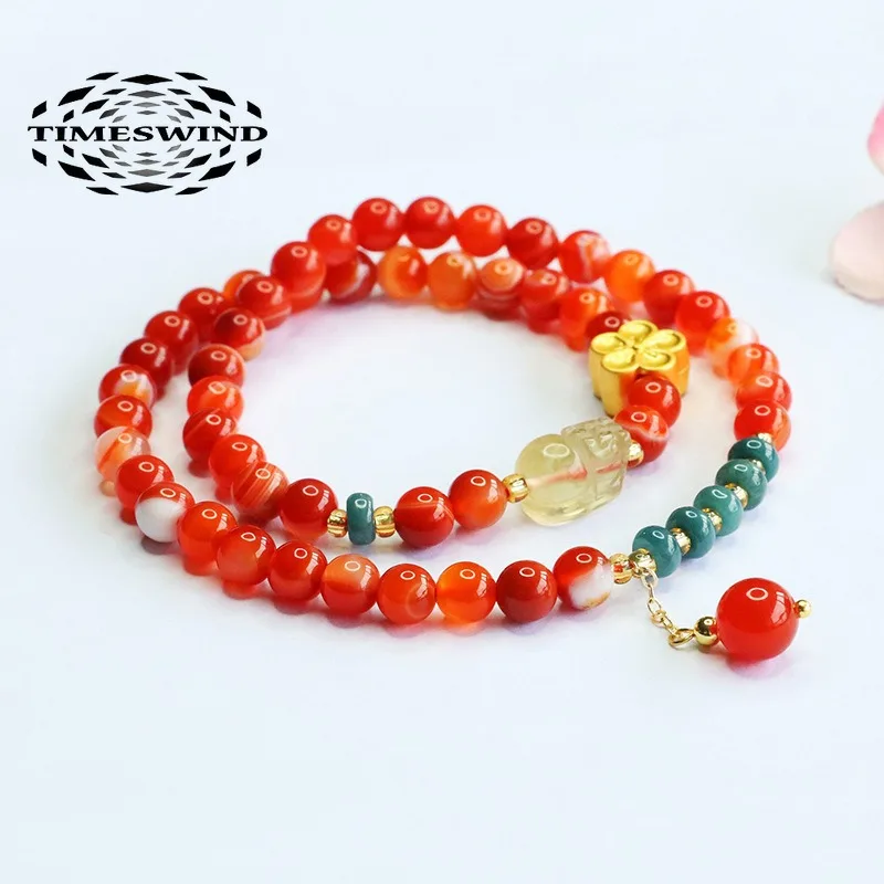 

TIMESWIND Natural Red Agate Beaded Jade Crystal PIXIU Alloy Flower Women Double-layer Bracelet