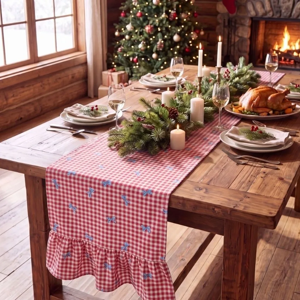 Double Ended Lotus Leaf Edge Christmas Table Runner Rustic Style Checkered Plaid Table Runner Vintage Washable