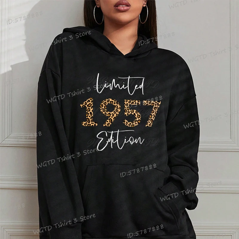 Women Long Sleeve Hoodie Limited 1957 Edition Graphic Sweatshirts Female Leopard Birthday Year Vintage 1949 To 1959 Ladies Hoody