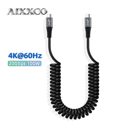 AIXXCO 2.2M USB C 3.2 20Gbps Type C to Type C Spring Cable PD3.1 100W 5A USB-C Cord For MacBook Pro Samsung Xiaomi