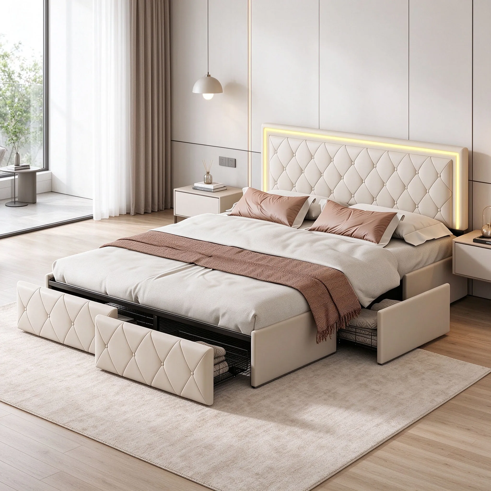 Letto imbottito Superaly, 160x200 cm, struttura in pelle sintetica con vano contenitore, testiera trapuntata, letto con piattaforma e cassetti estraibili sotto il letto, robusta rete a doghe, ampio
