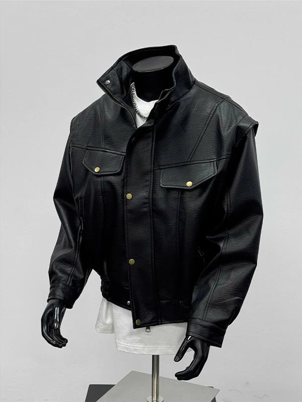 

Утепленная мужская куртка-косуха из искусственной кожи большого размера для осени и зимы, черная, с воротником-стойкой, деконструированная, повседневная верхняя одежда